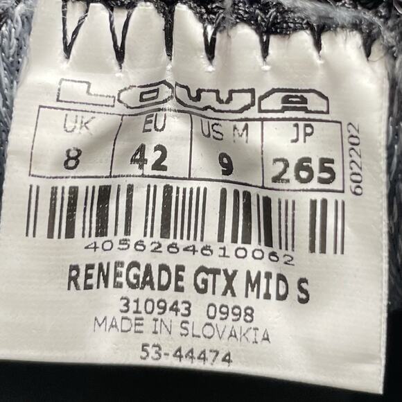 Lowa Renegade Mid GTX Hiking Boots Mens Size 9 Black GoreTex Waterproof